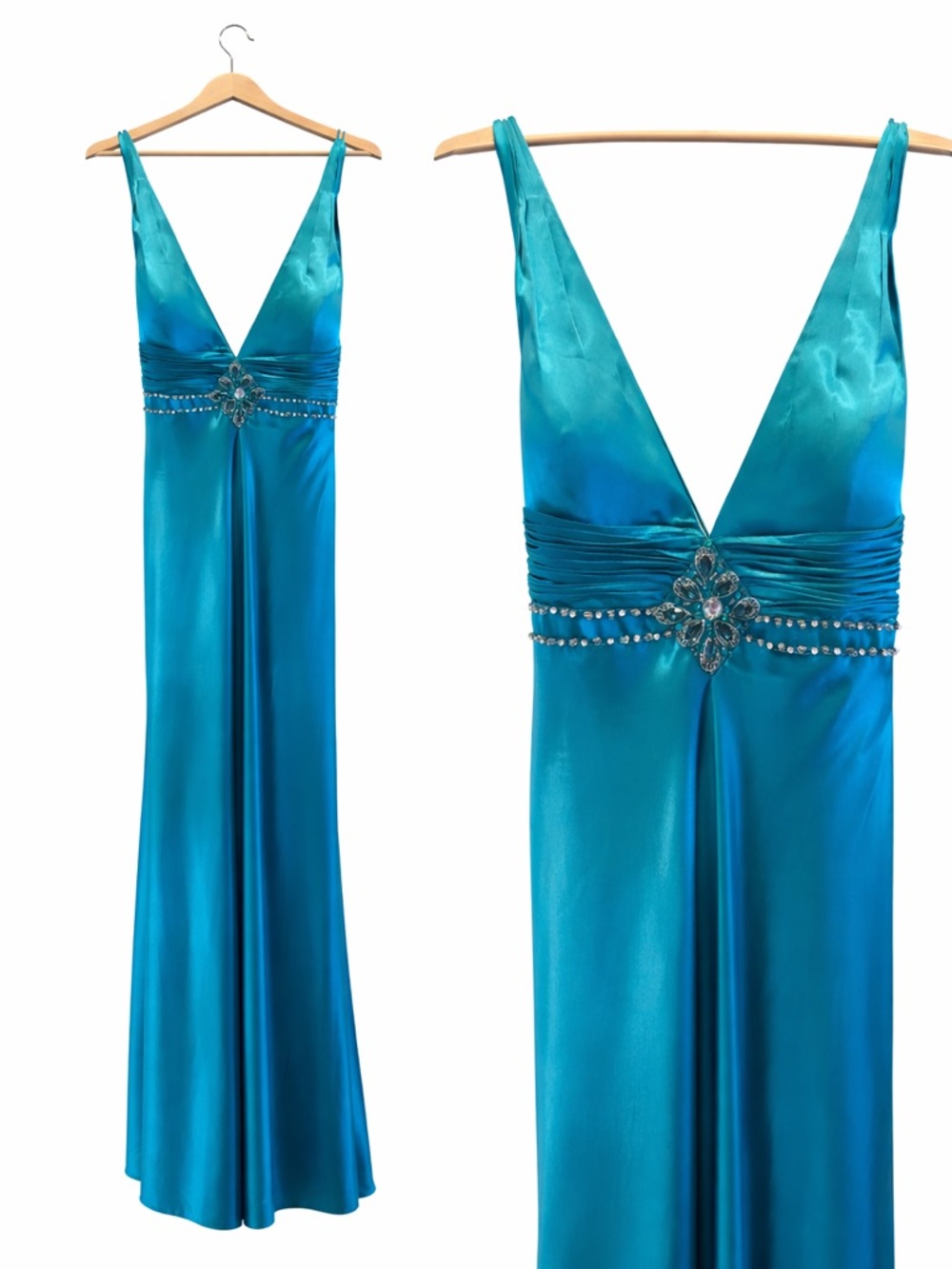 May Queen Teal Satin Evening Gown with Beaded Accent
